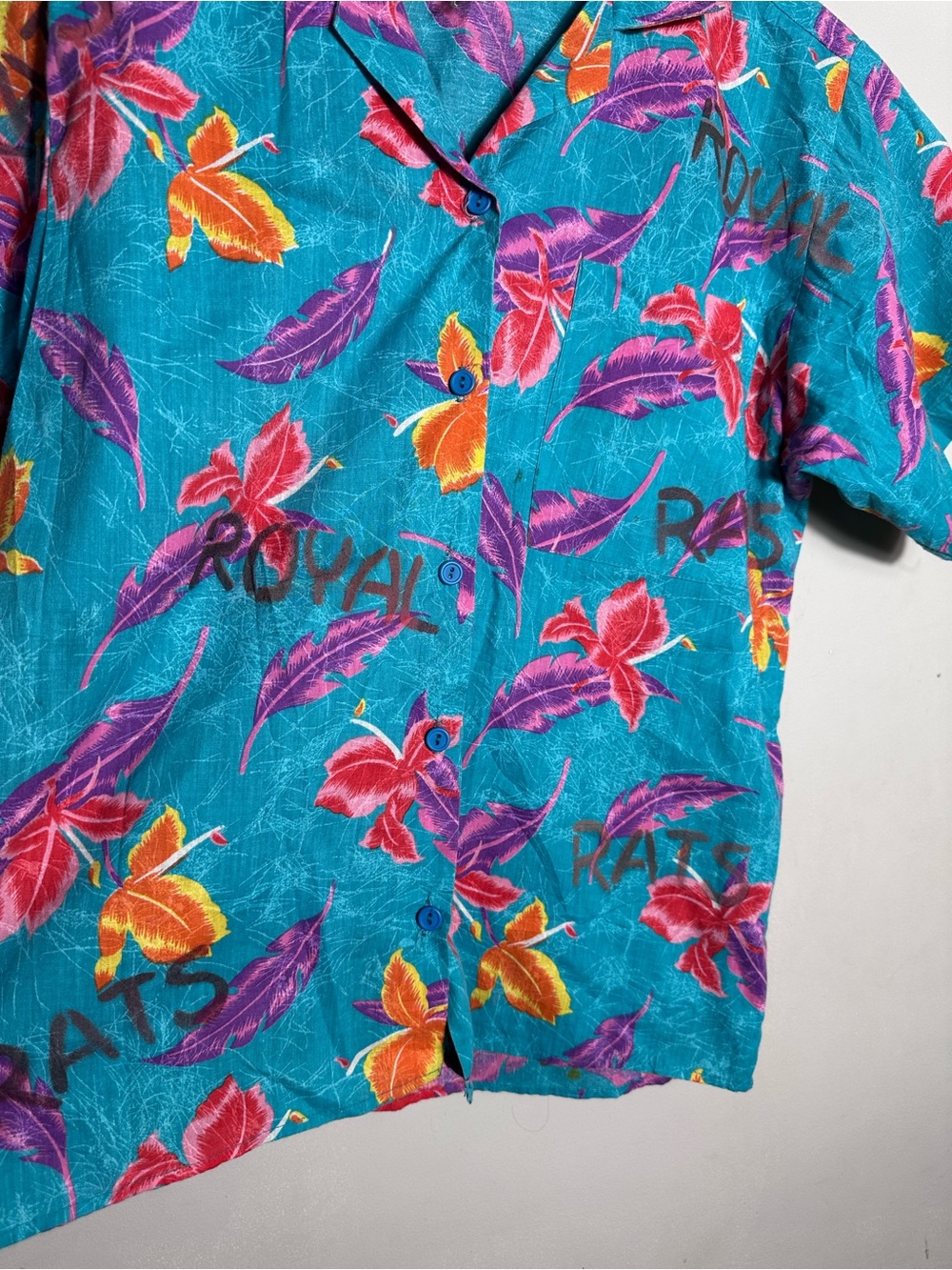 Vintage Turquoise Floral Short-Sleeve Camp Hawaiian Shirt - Picture 5 of 6